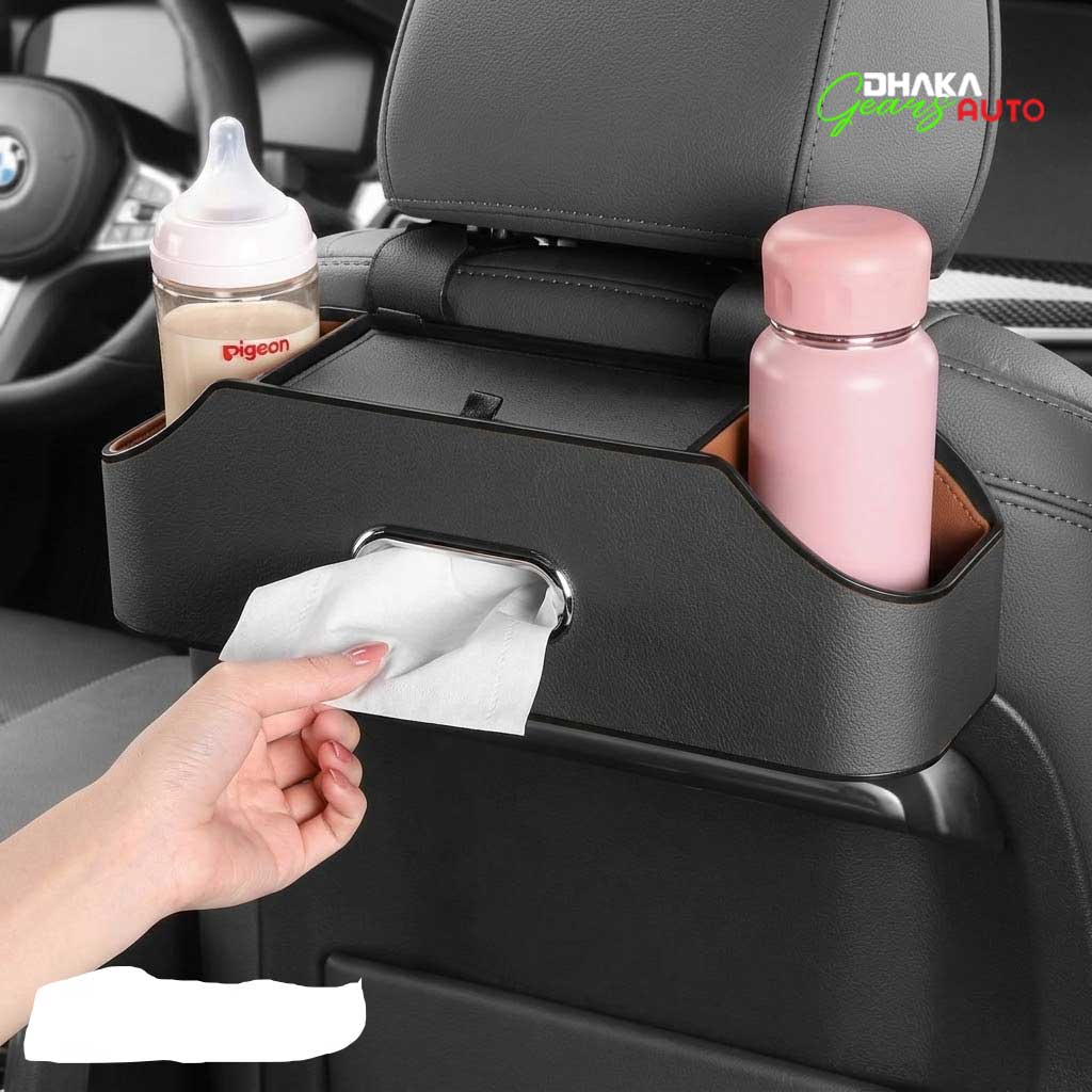 Car Back Seat Tissue Box Holder – 3-in-1 Multi-Functional Organizer for Tissue box, Drink Holder, And Hook